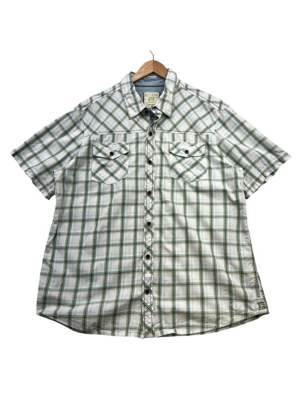 Ecoths Mens Short Sleeve Button Up Shirt Size XL Green Western Organic Cotton